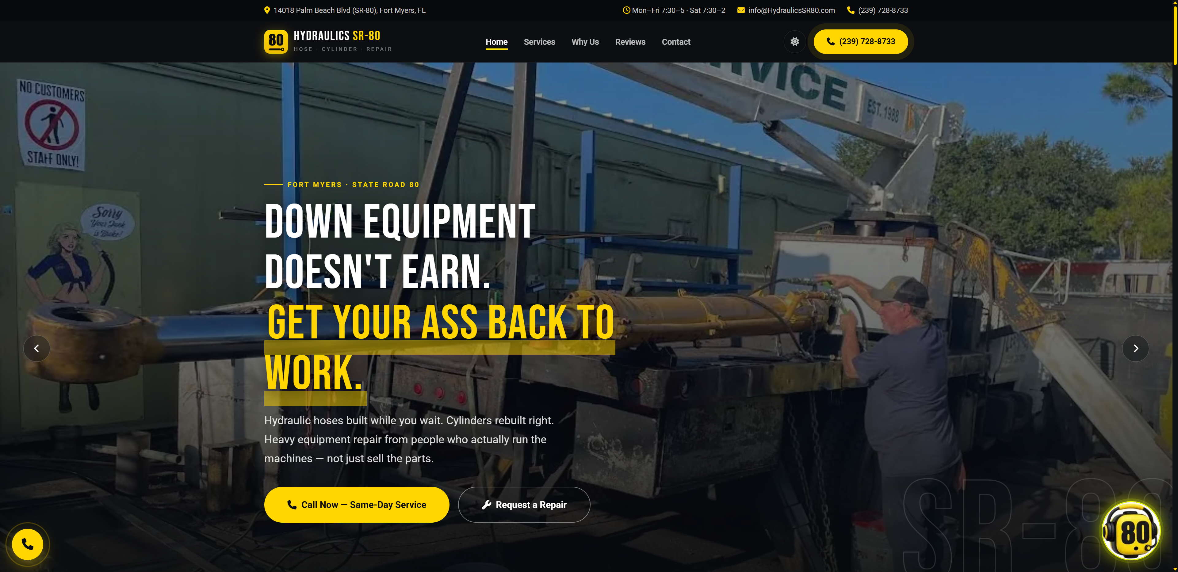 Hydraulics SR-80 website homepage showing heavy equipment repair in Fort Myers