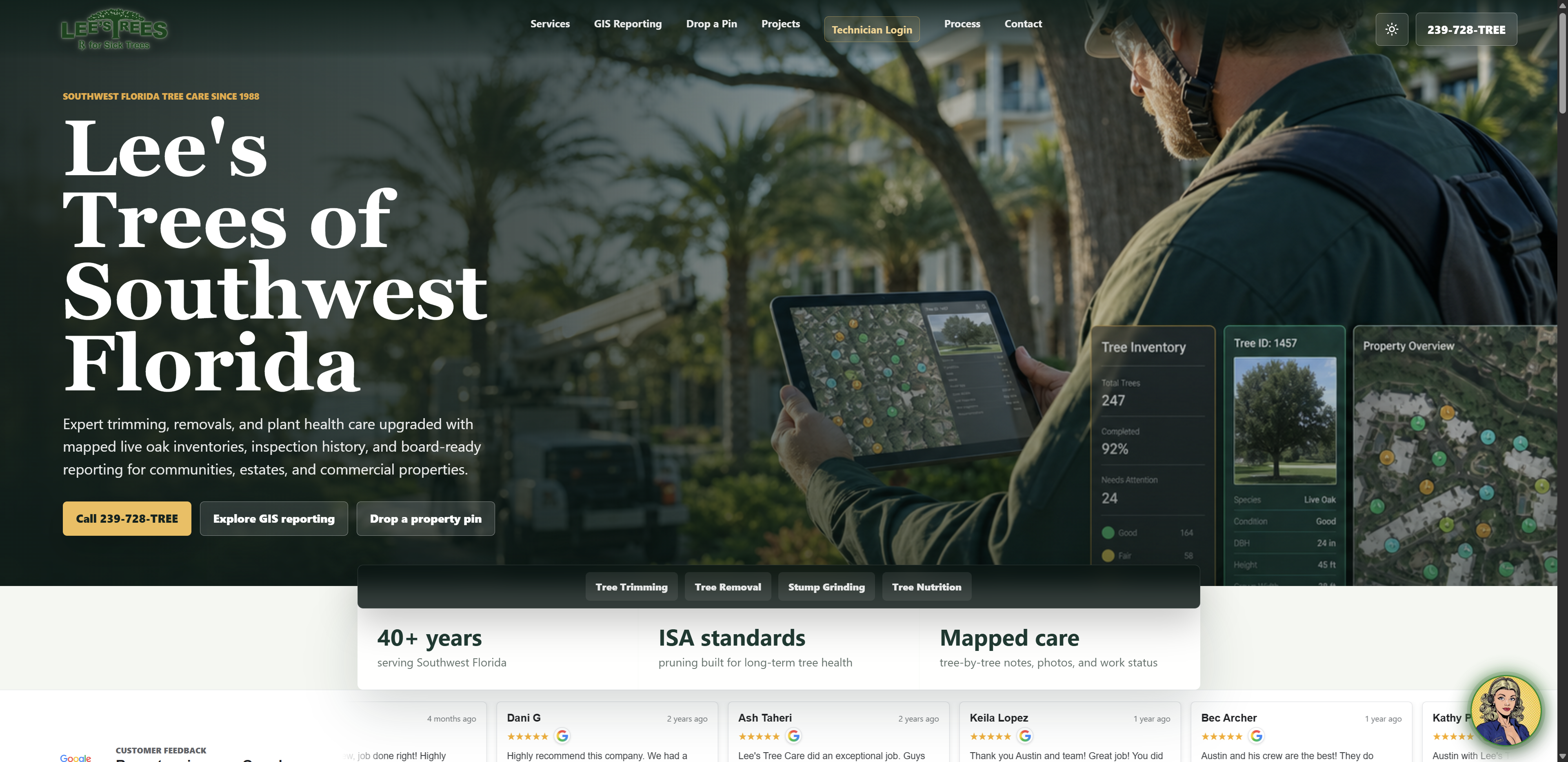 Lee's Trees of Southwest Florida website showing GIS tree mapping and field reporting